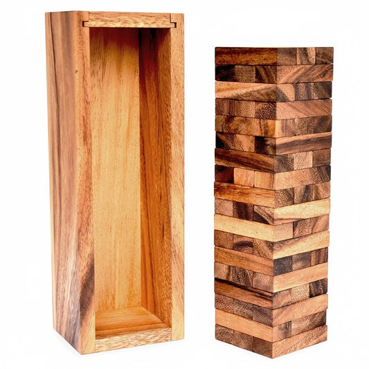 Woodtastic Wobbly Tower XL, a giant Jenga-style game made from 54 extra-large Samanea wood blocks. Includes wooden storage box.