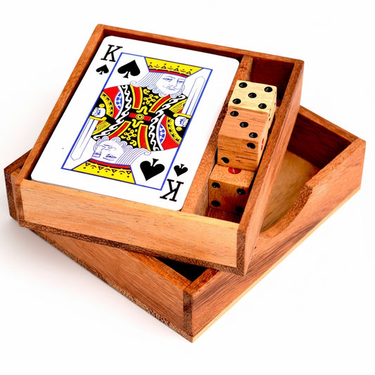 Woodtastic wooden box for playing cards and dice, handcrafted from Samanea wood with a natural finish.