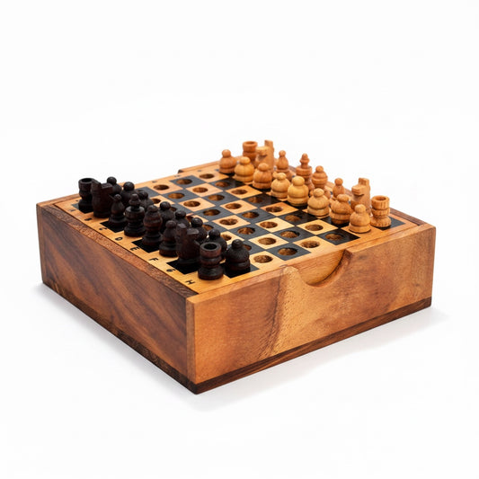 Woodtastic wooden chess set with hand-carved black and natural wood figures on a folding wooden board.