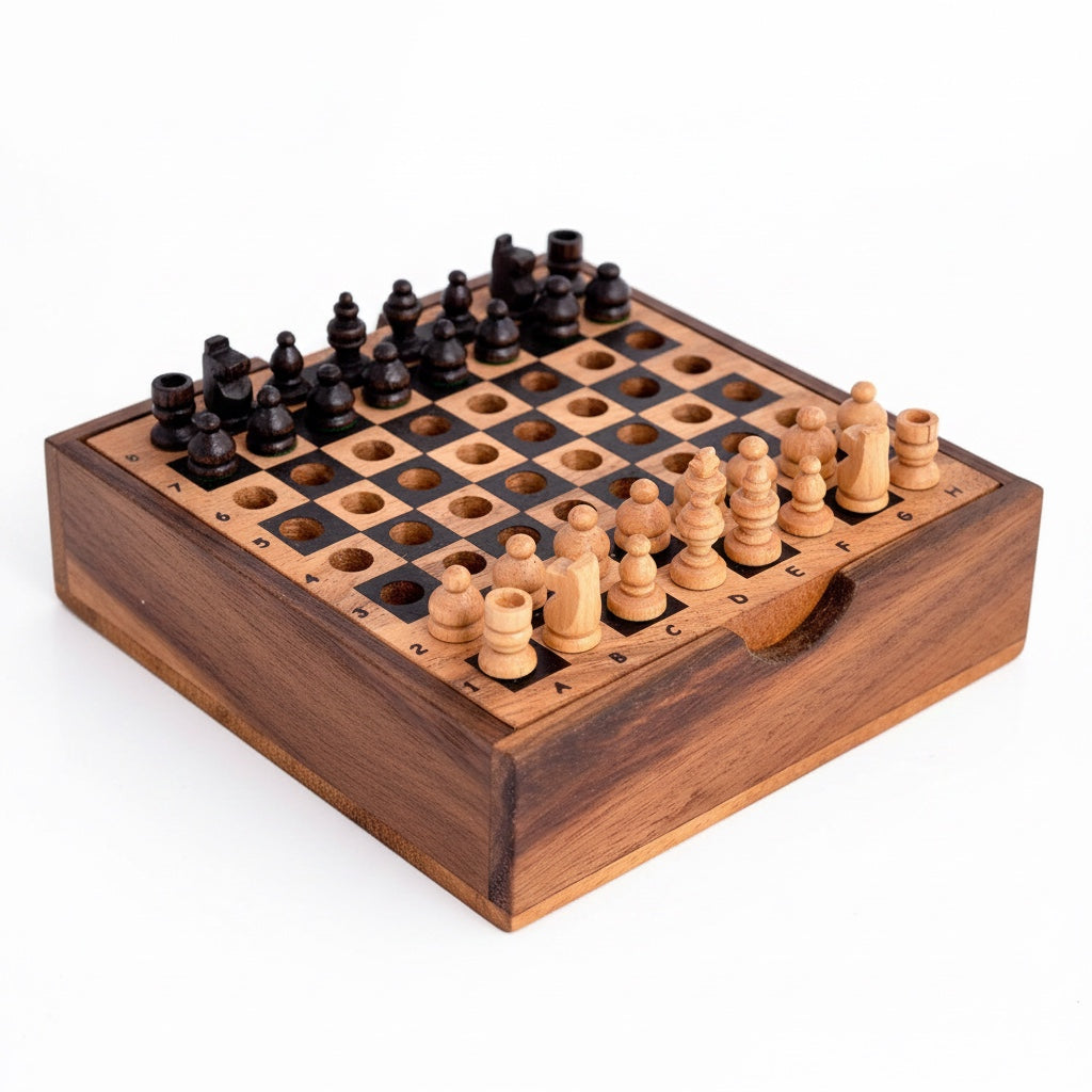 Woodtastic handmade wooden chess set with carved black and natural wood pieces, folding box board.
