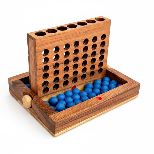 Woodtastic small wooden travel Connect Four Bingo game with blue balls and a red marker.