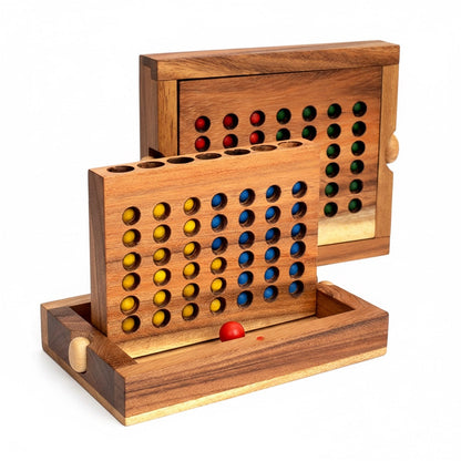 Woodtastic medium wooden Connect Four Bingo Box game with yellow and blue balls, and a red ball on the base.