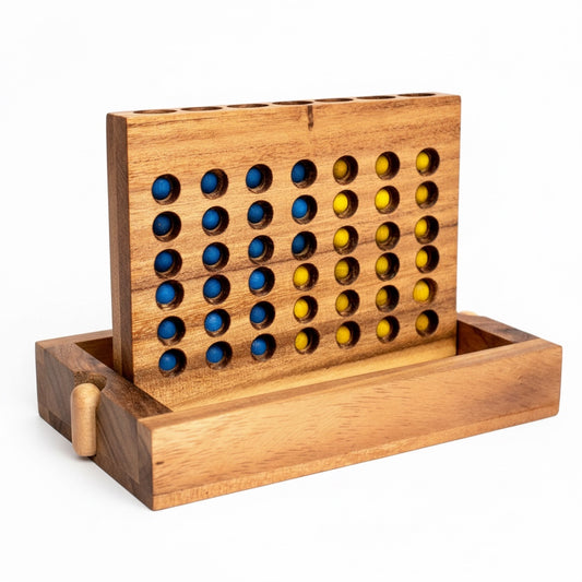 Woodtastic medium wooden Connect Four Bingo Box game with blue and yellow balls on a black background.