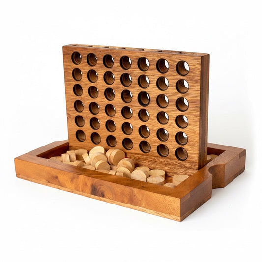 Woodtastic wooden Connect Four strategy game with 42 natural wood chips. Features a 7x6 grid board and storage tray.