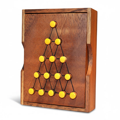 Woodtastic Last Fighter large wooden solitaire game with yellow pegs arranged in a triangle.