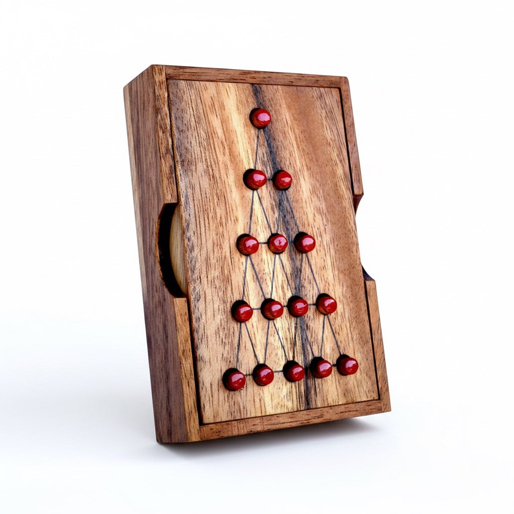 Woodtastic Last Fighter large wooden solitaire game with red pegs and black lines on a wooden board.