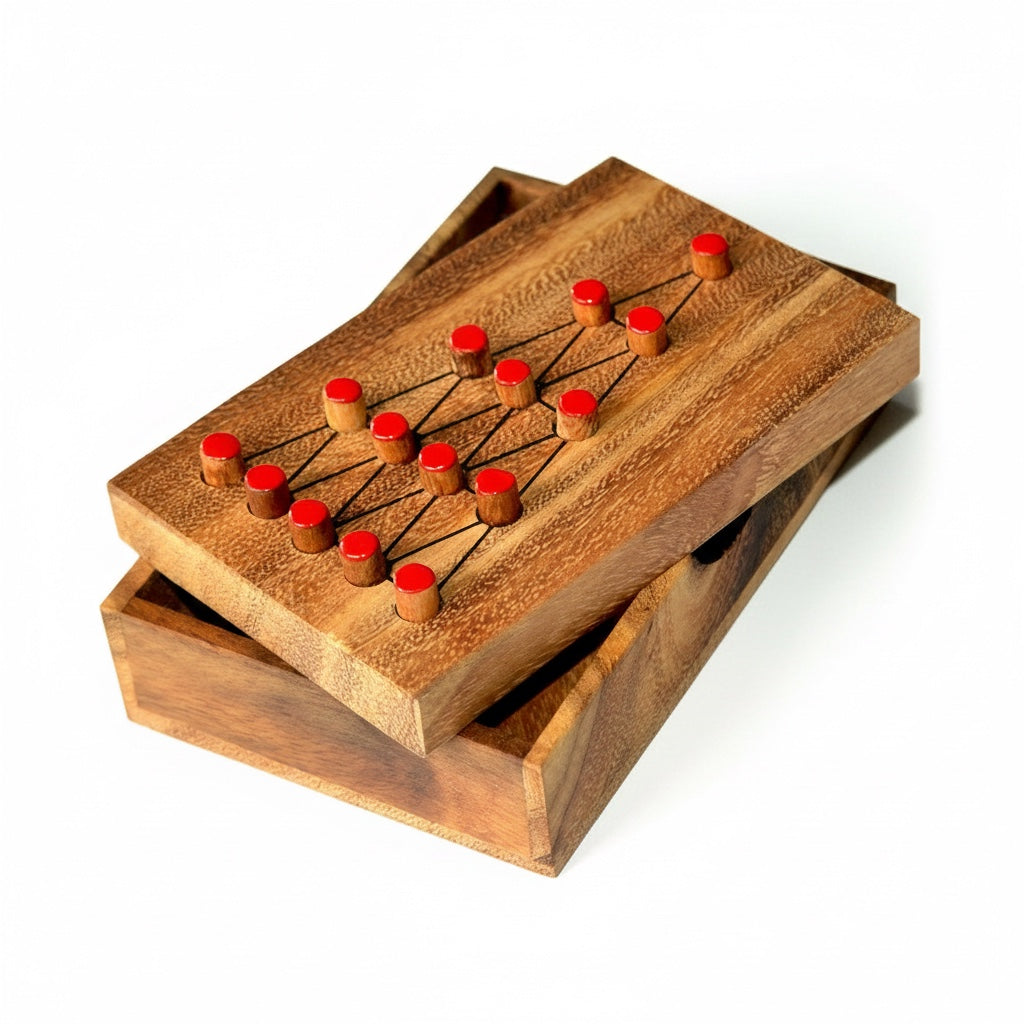 Woodtastic Last Fighter large wooden solitaire game with red pegs and a wooden storage box.