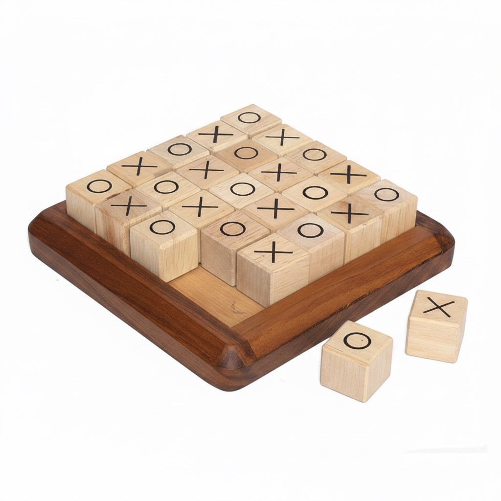 Woodtastic wooden tic tac toe game board with 'X' and 'O' wooden blocks. Natural wood finish.
